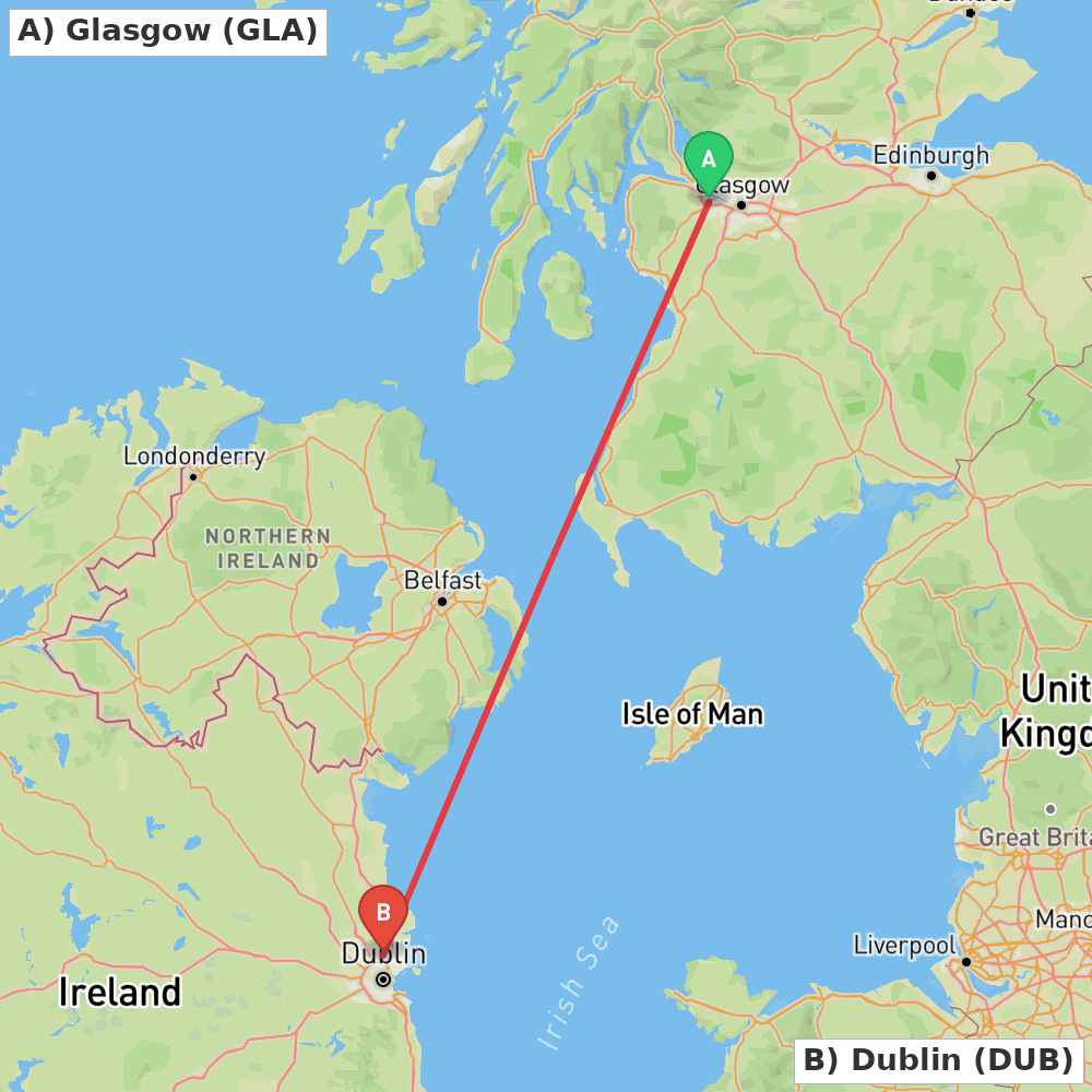 Flight route map from Glasgow to Dublin