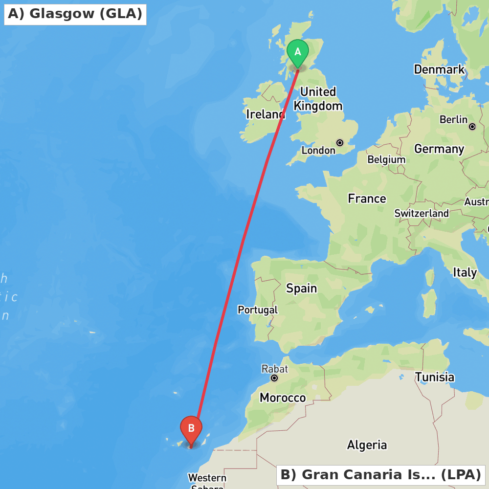 Flight route map from Glasgow to Gran Canaria Island