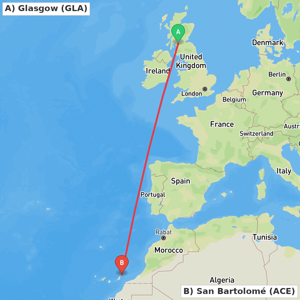 Flight route map from Glasgow to San Bartolomé