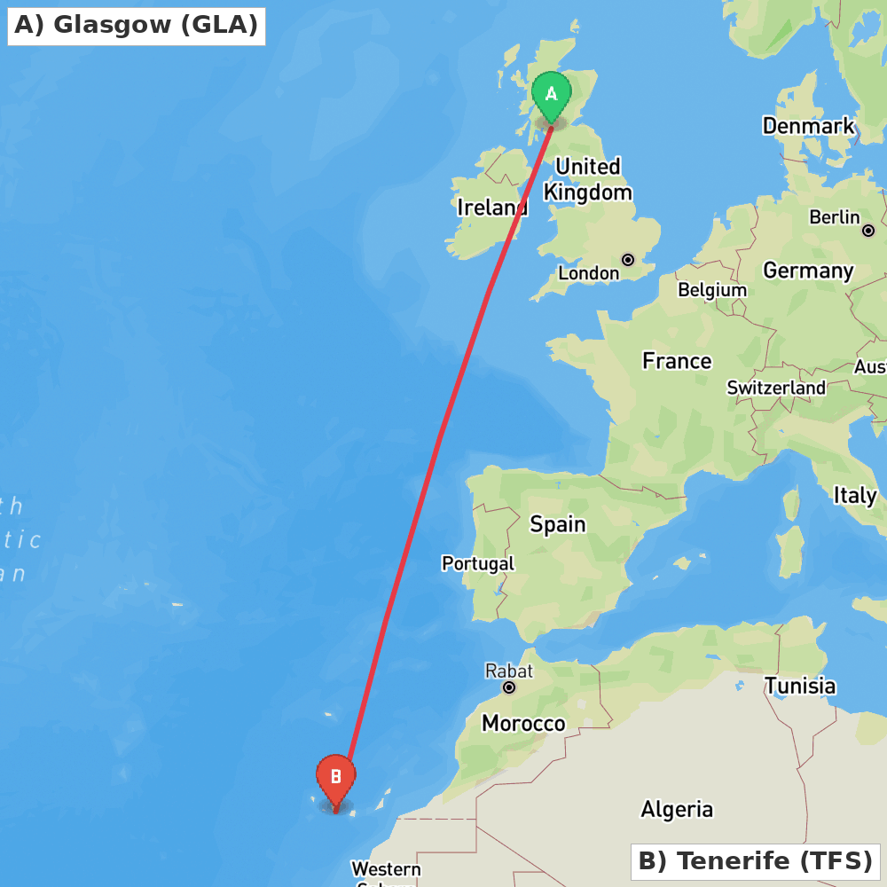 Flight route map from Glasgow to Tenerife