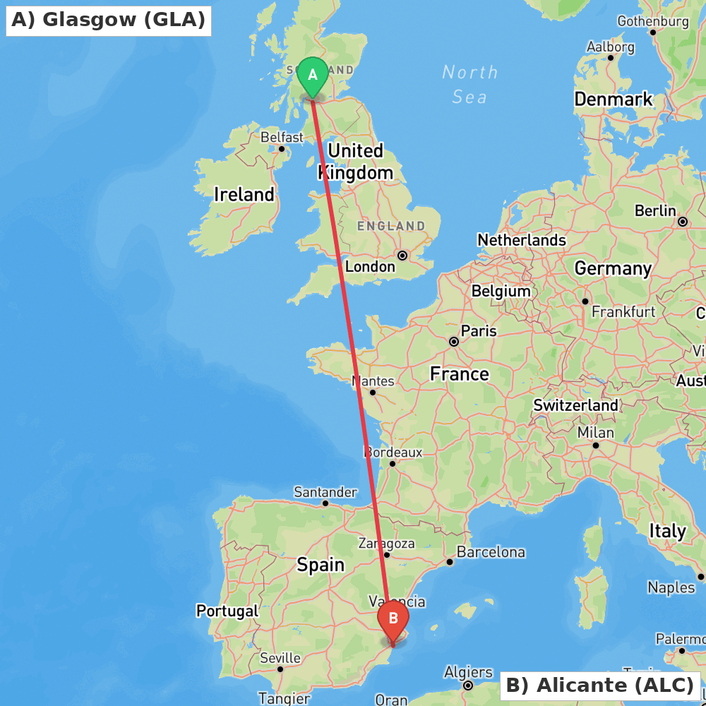 Flight route map from Glasgow to Alicante