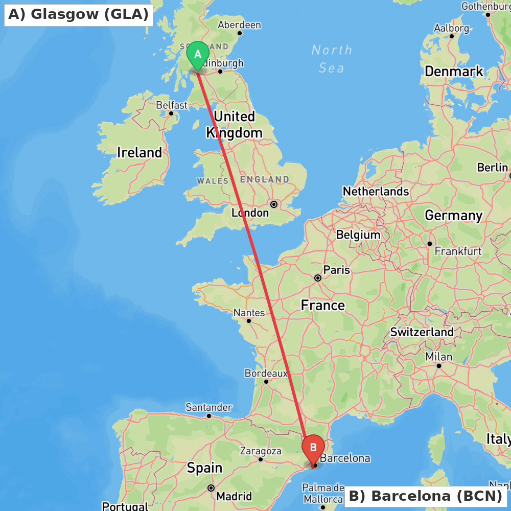 Flight route map from Glasgow to Barcelona