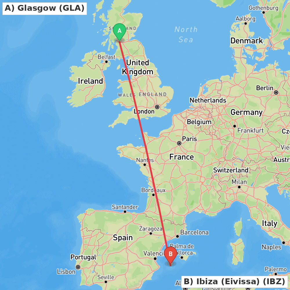 Flight route map from Glasgow to Ibiza (Eivissa)