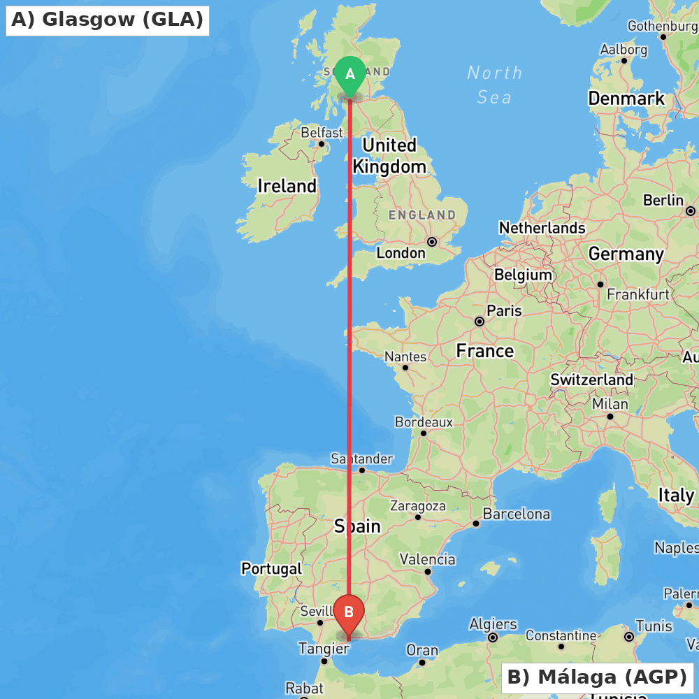 Flight route map from Glasgow to Málaga