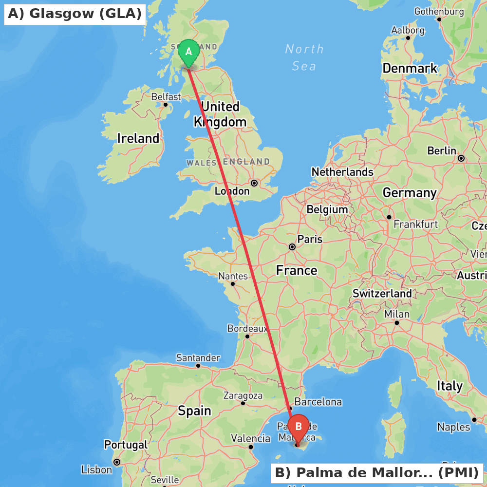 Flight route map from Glasgow to Palma de Mallorca