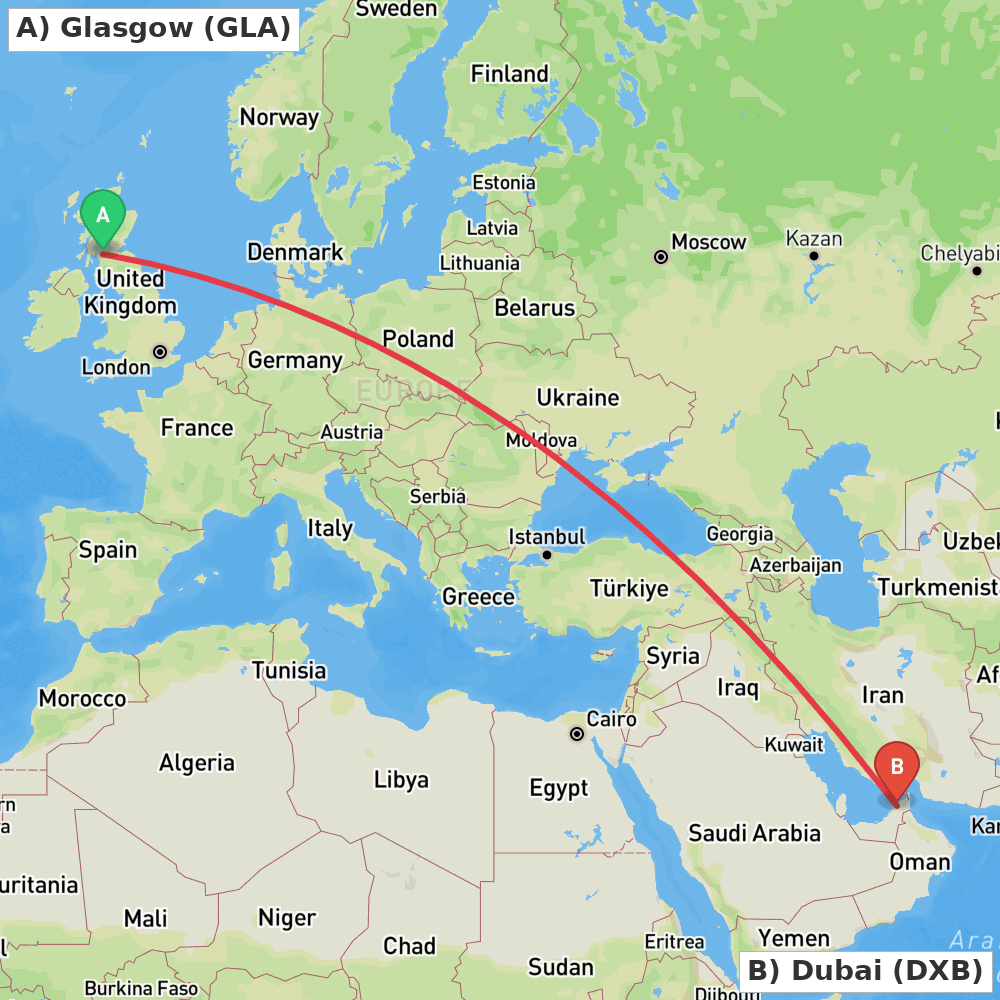 Flight route map from Glasgow to Dubai