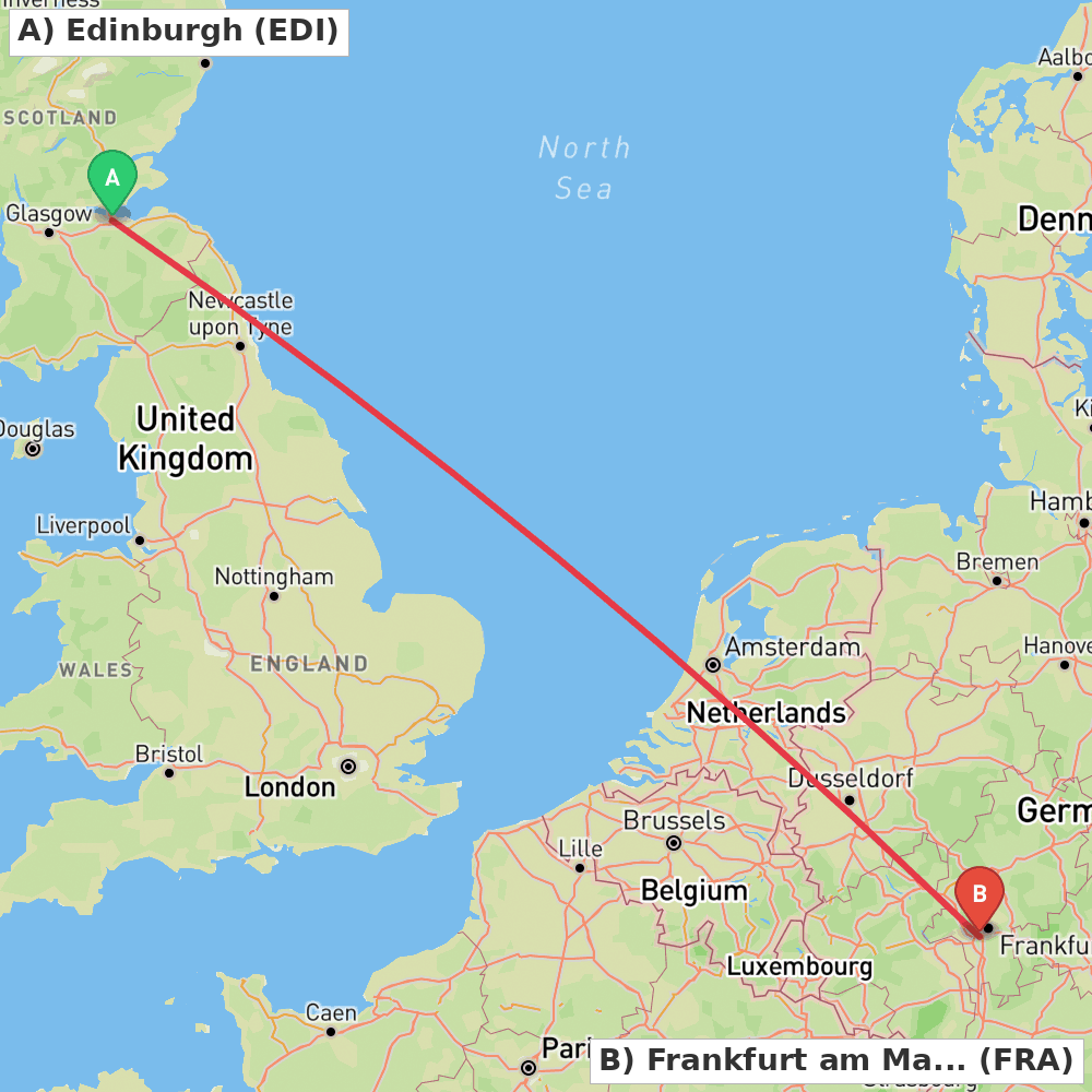 Flight route map from Edinburgh to Frankfurt am Main