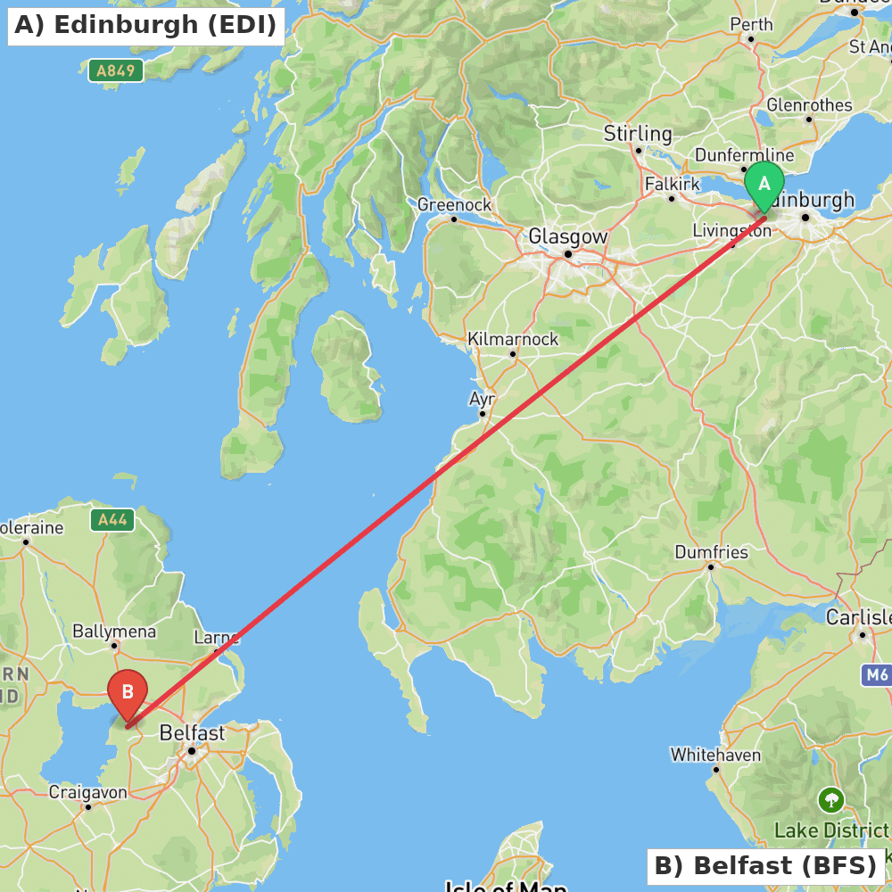 Flight route map from Edinburgh to Belfast