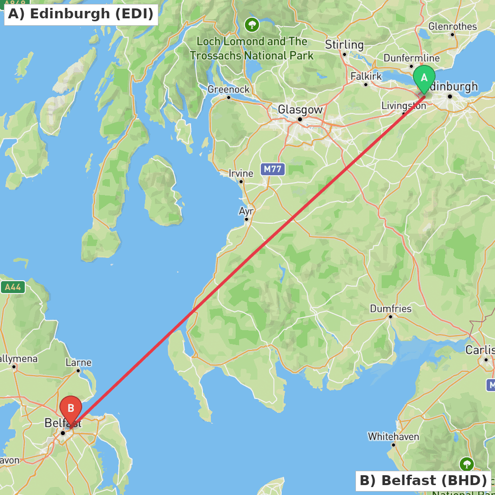 Flight route map from Edinburgh to Belfast