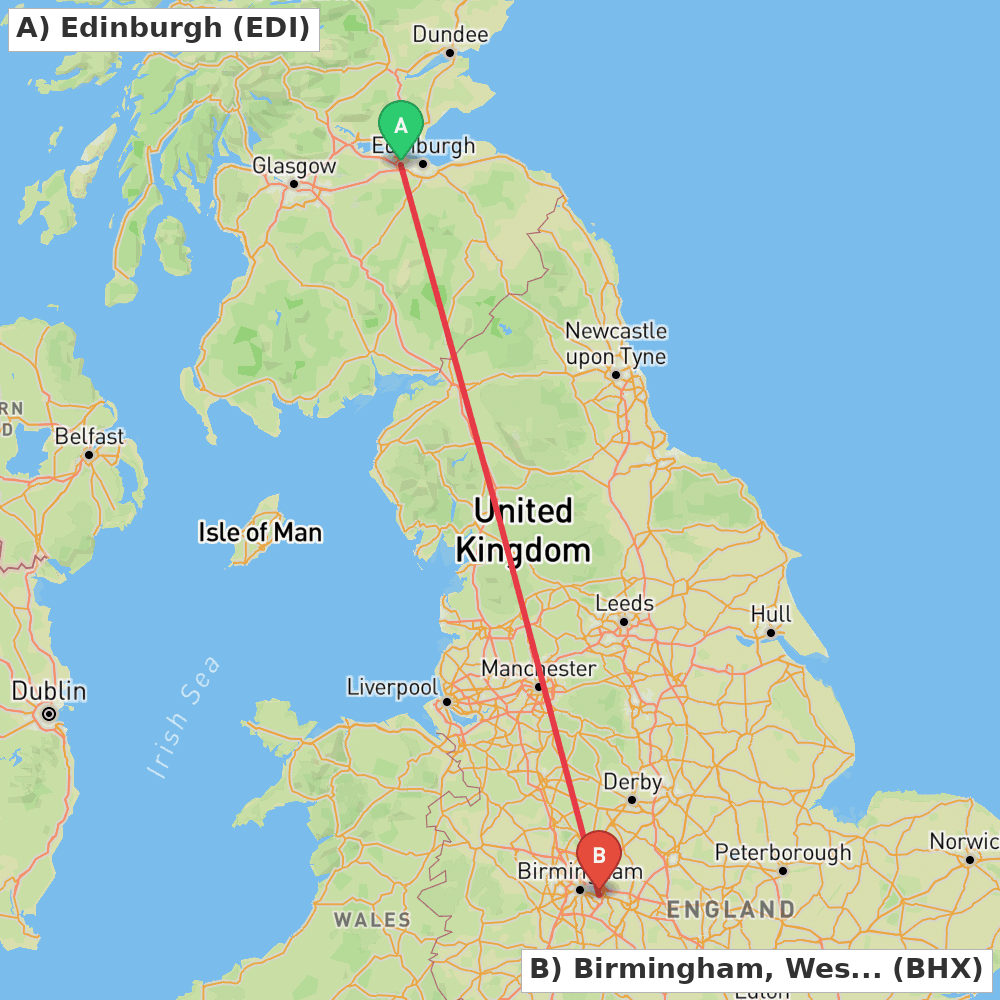 Flight route map from Edinburgh to Birmingham, West Midlands