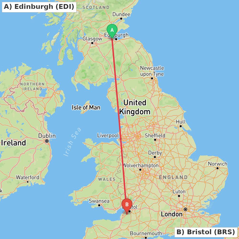 Flight route map from Edinburgh to Bristol
