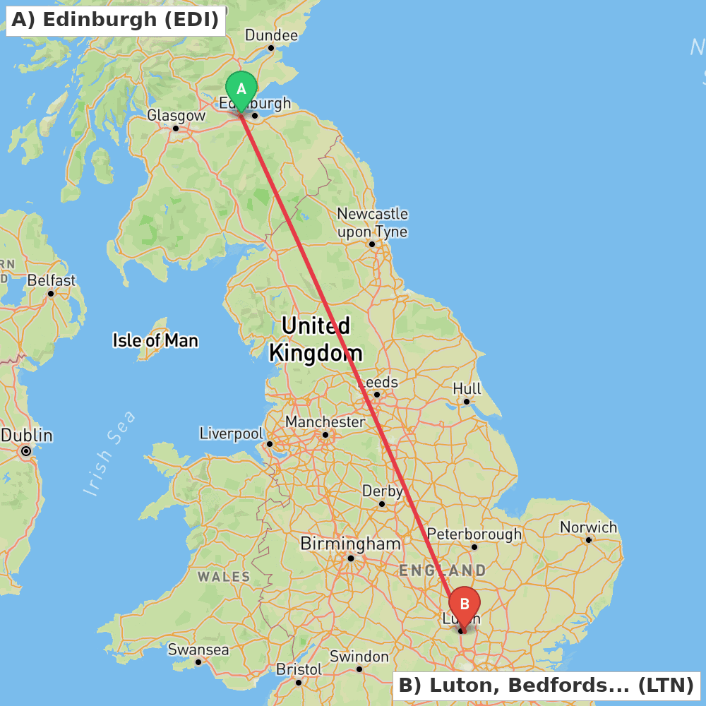Flight route map from Edinburgh to Luton, Bedfordshire