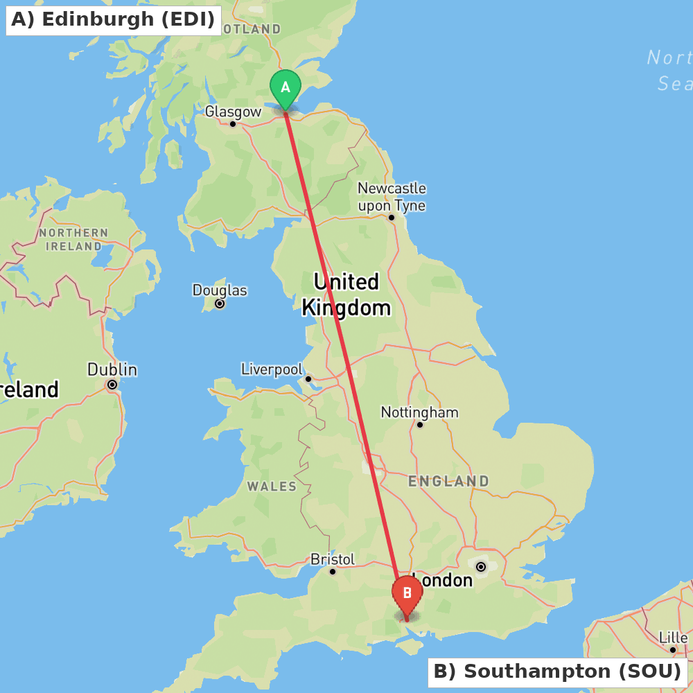 Flight route map from Edinburgh to Southampton
