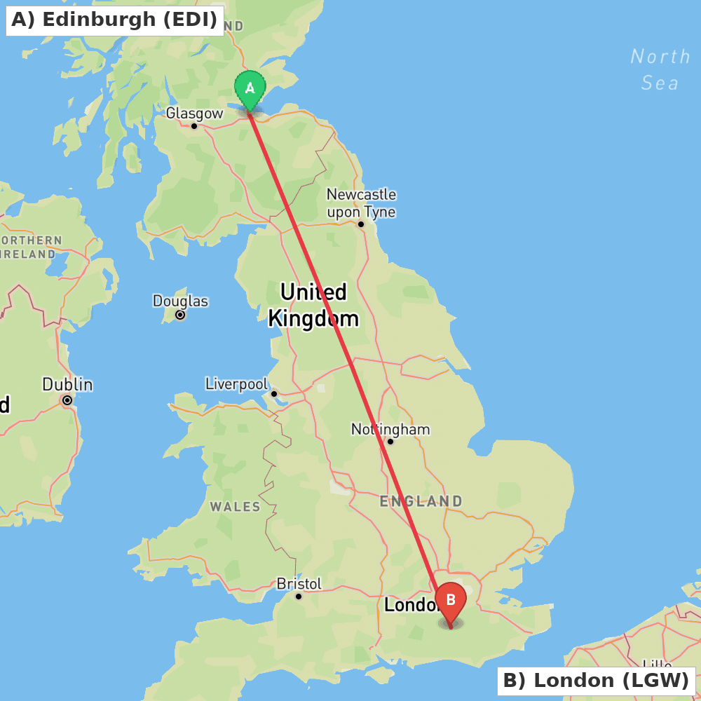 Flight route map from Edinburgh to London