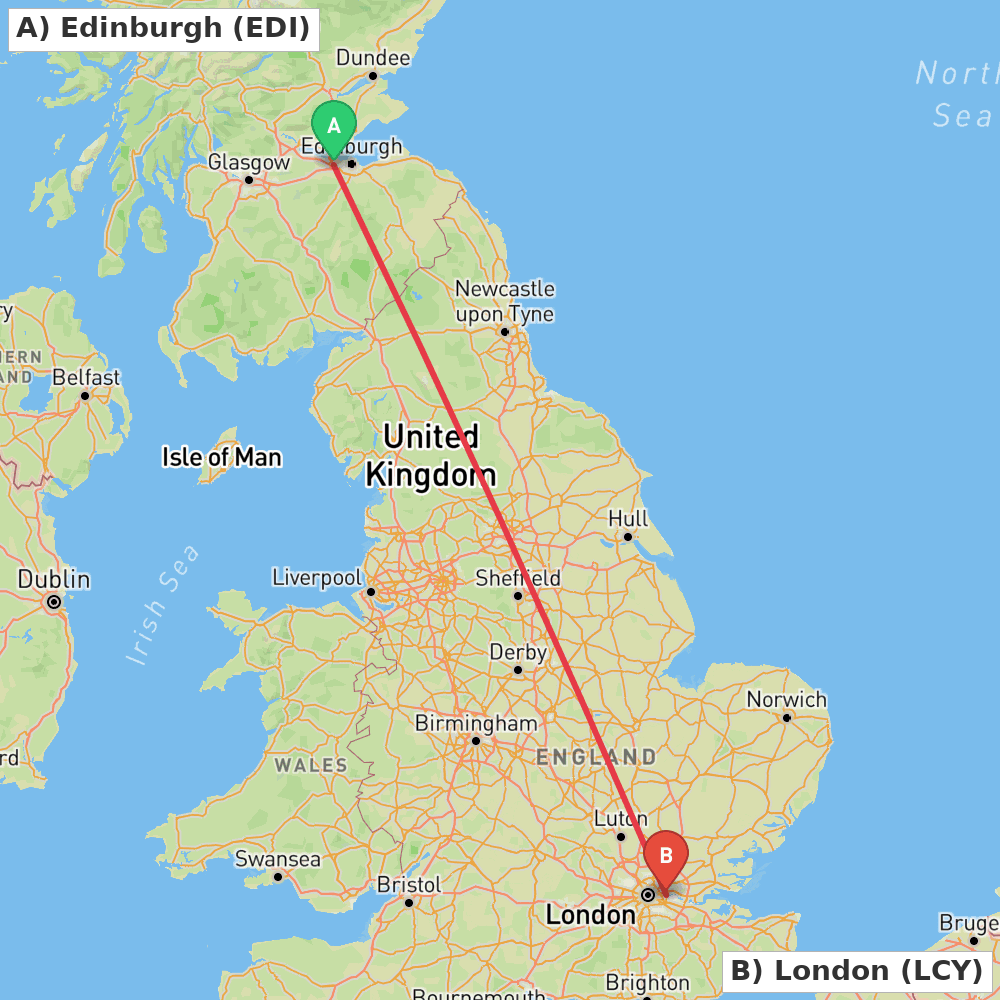 Flight route map from Edinburgh to London