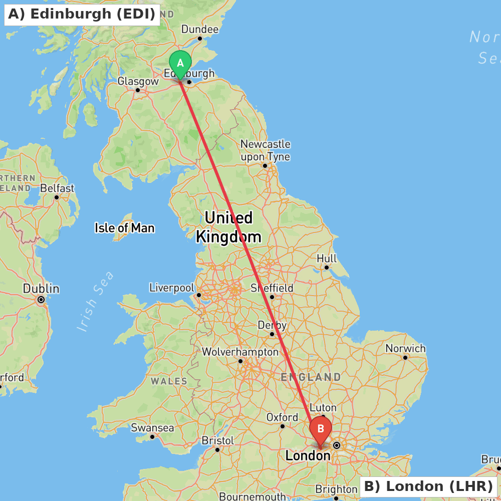 Flight route map from Edinburgh to London