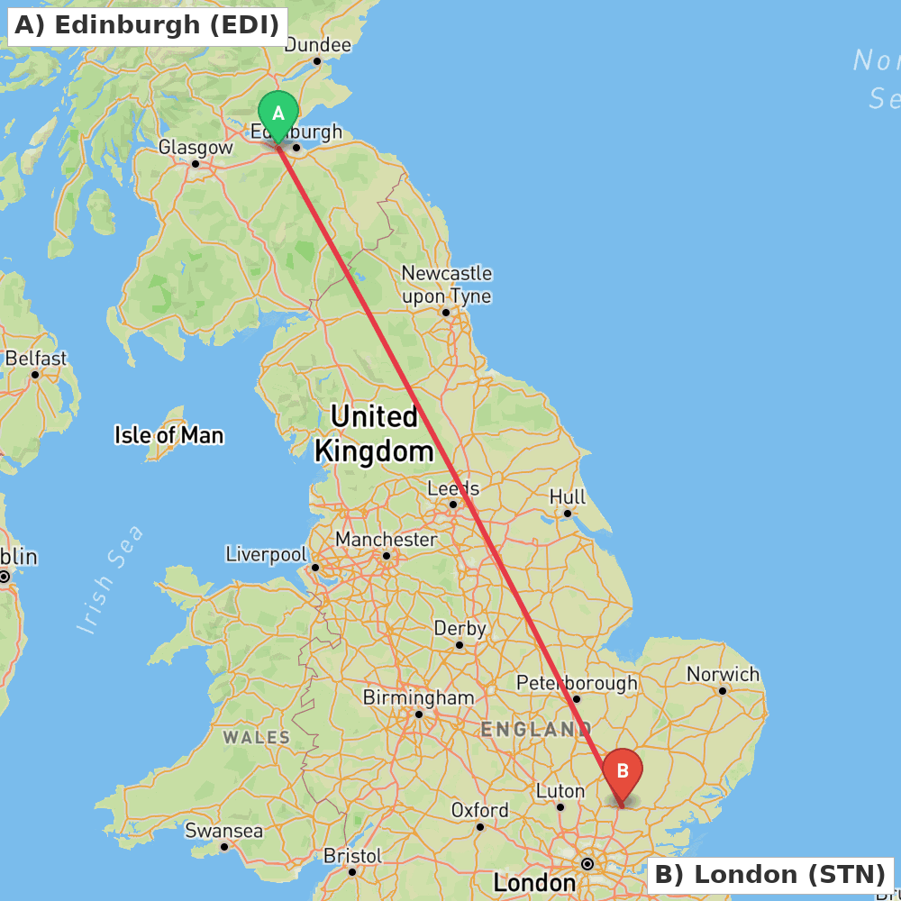 Flight route map from Edinburgh to London