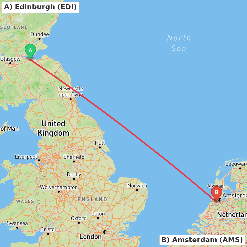 Flight route map from Edinburgh to Amsterdam