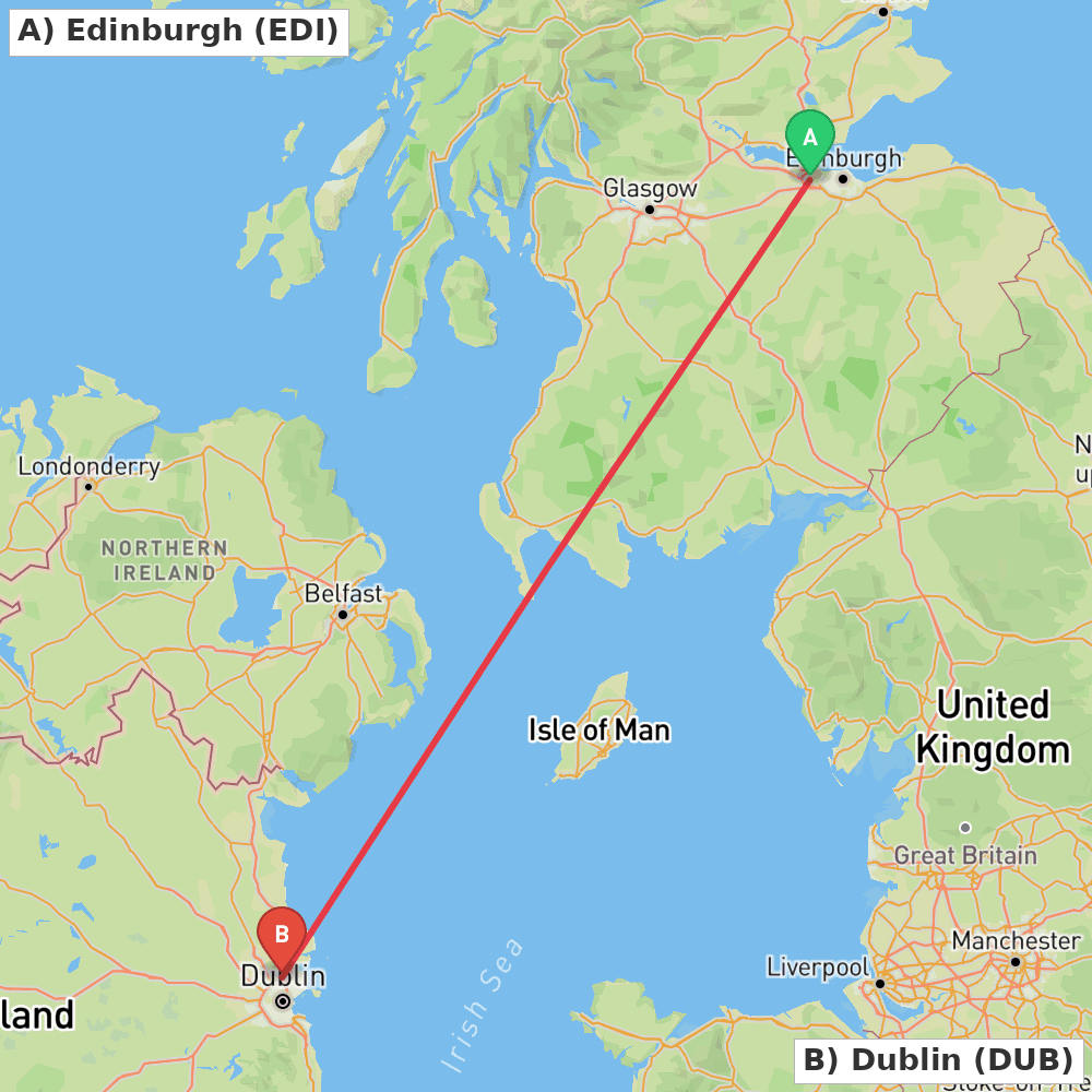 Flight route map from Edinburgh to Dublin
