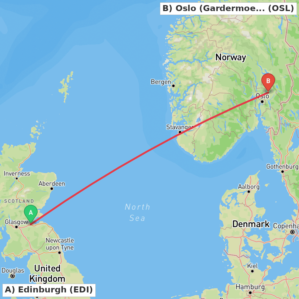 Flight route map from Edinburgh to Oslo (Gardermoen)