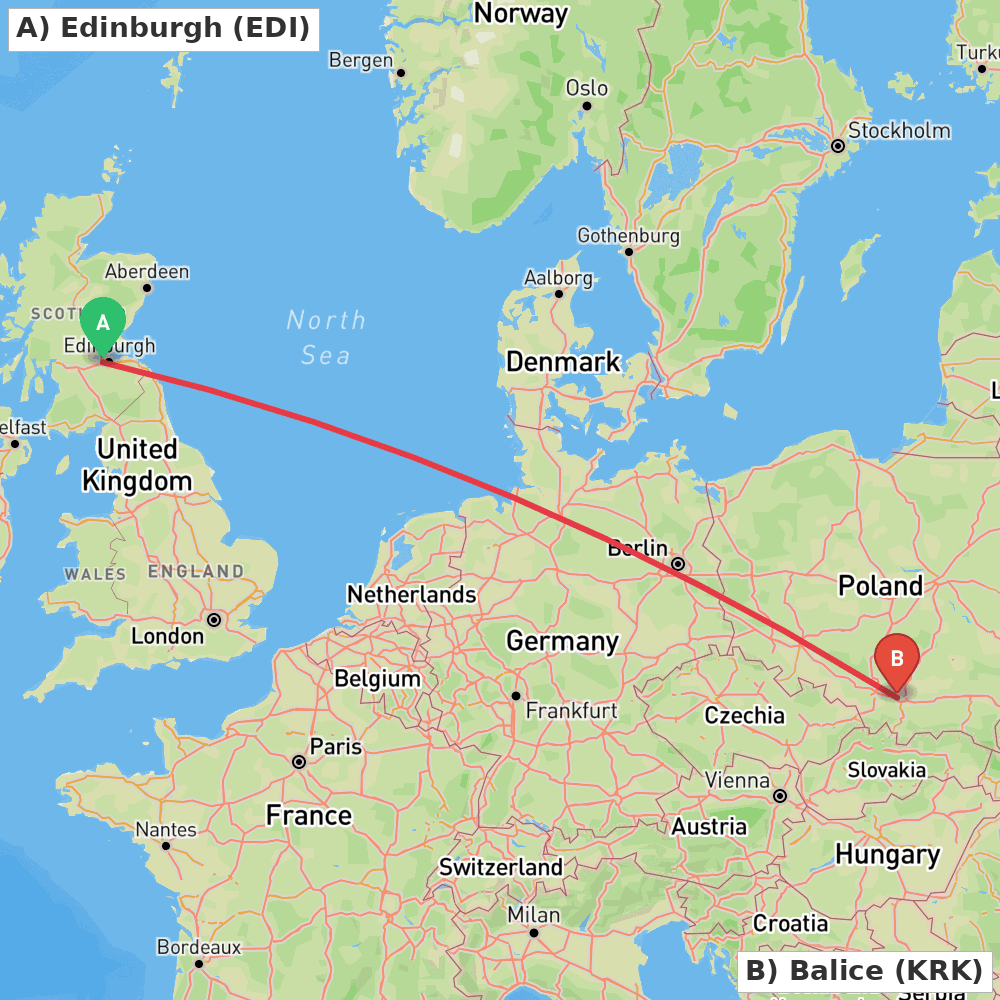 Flight route map from Edinburgh to Balice