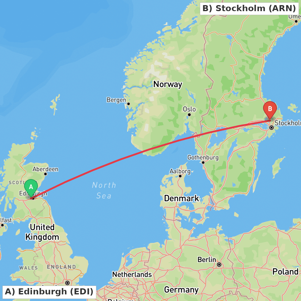 Flight route map from Edinburgh to Stockholm