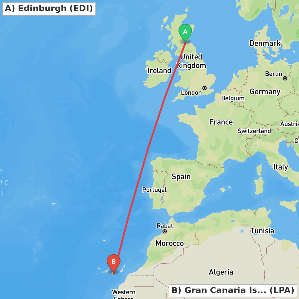 Flight route map from Edinburgh to Gran Canaria Island