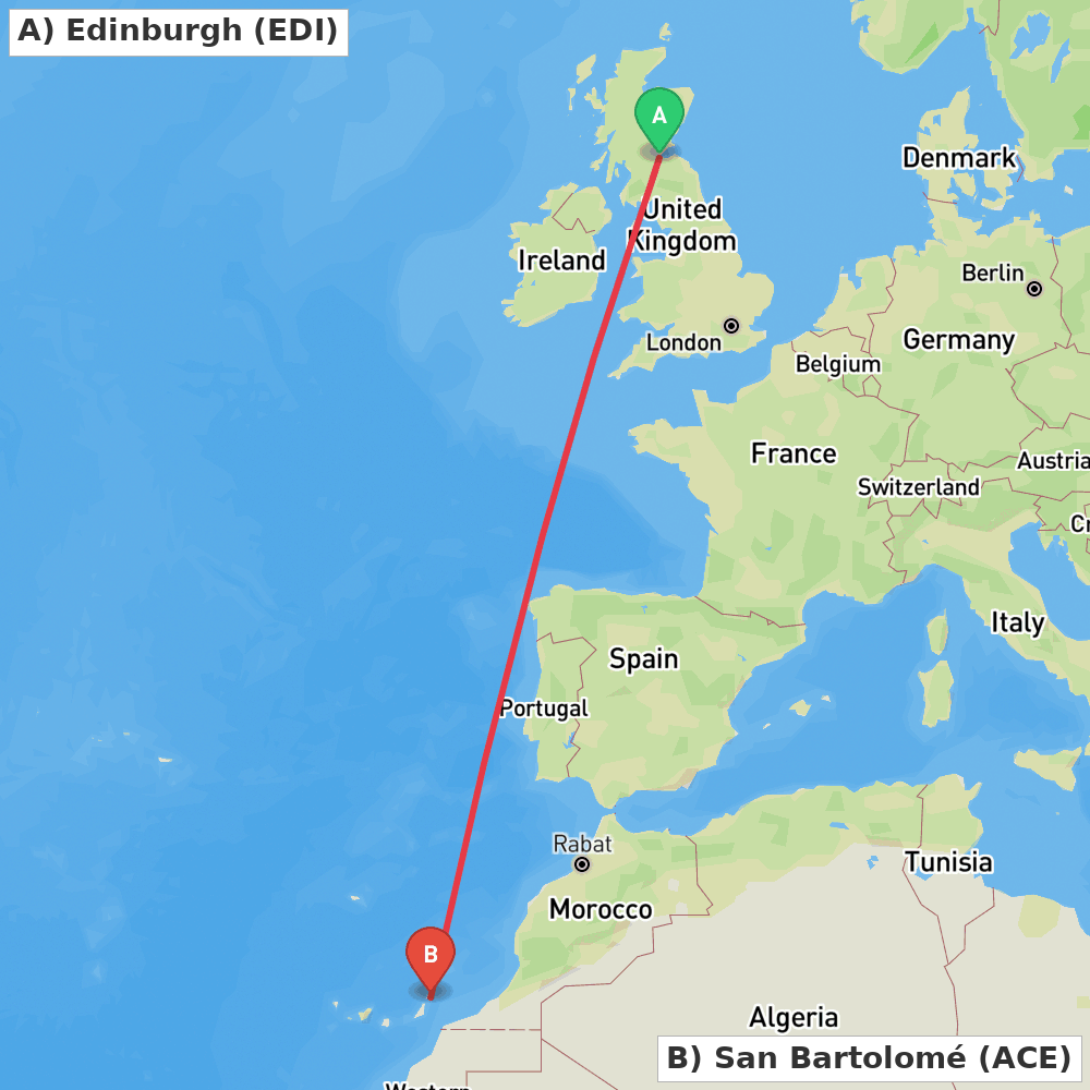 Flight route map from Edinburgh to San Bartolomé