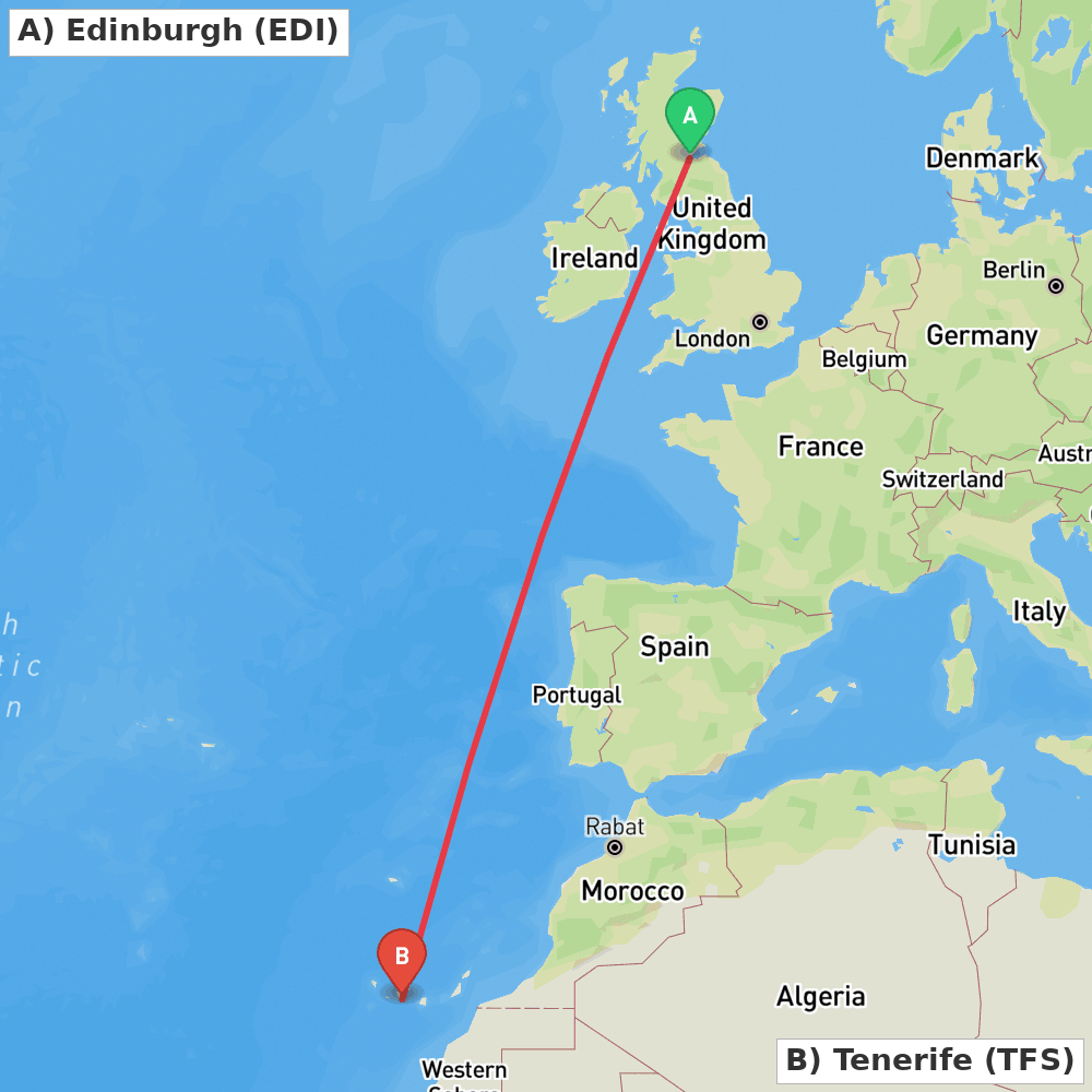 Flight route map from Edinburgh to Tenerife