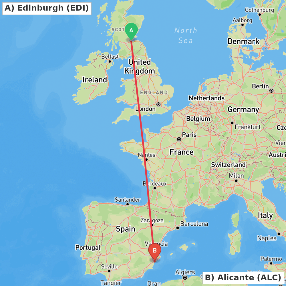 Flight route map from Edinburgh to Alicante