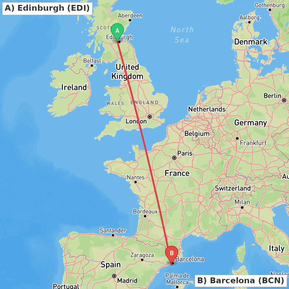 Flight route map from Edinburgh to Barcelona