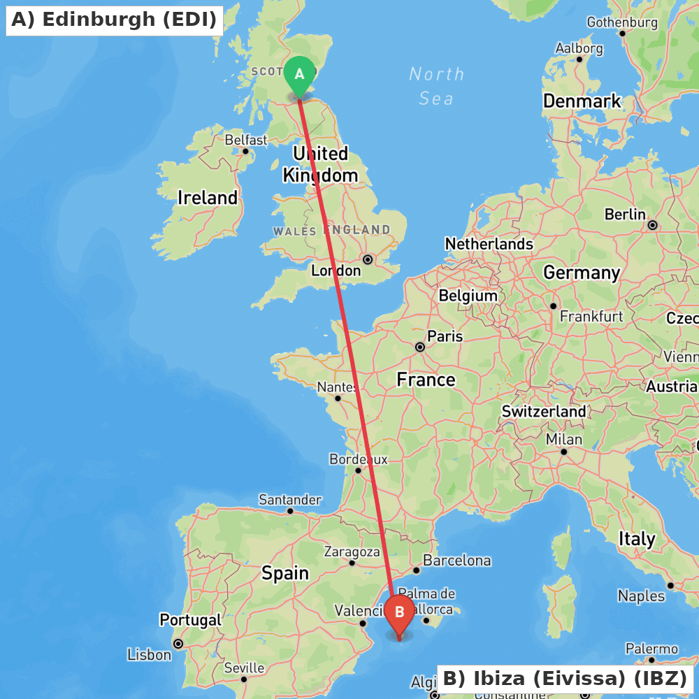 Flight route map from Edinburgh to Ibiza (Eivissa)