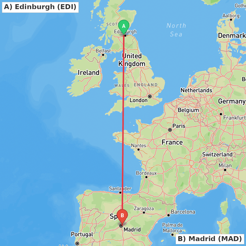 Flight route map from Edinburgh to Madrid