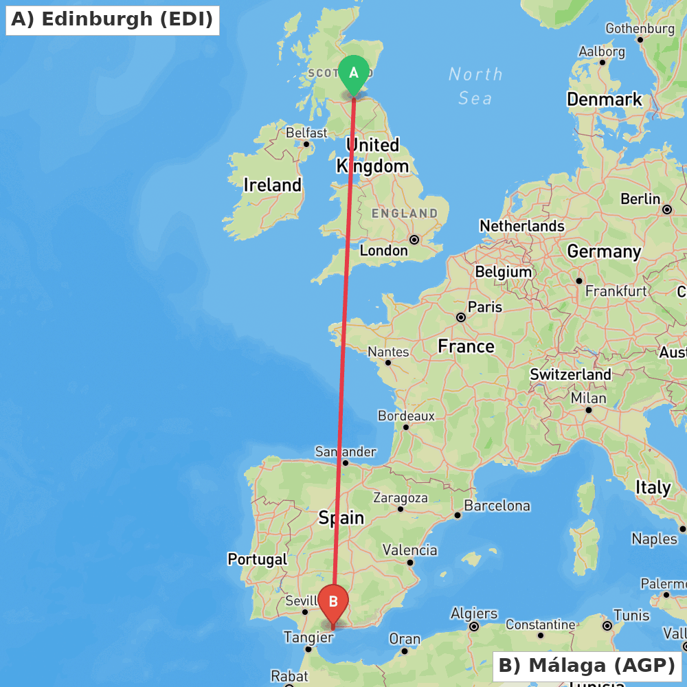 Flight route map from Edinburgh to Málaga