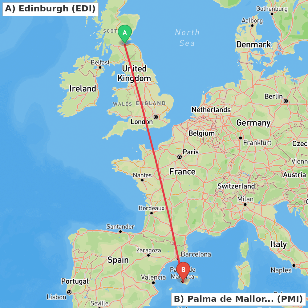 Flight route map from Edinburgh to Palma de Mallorca