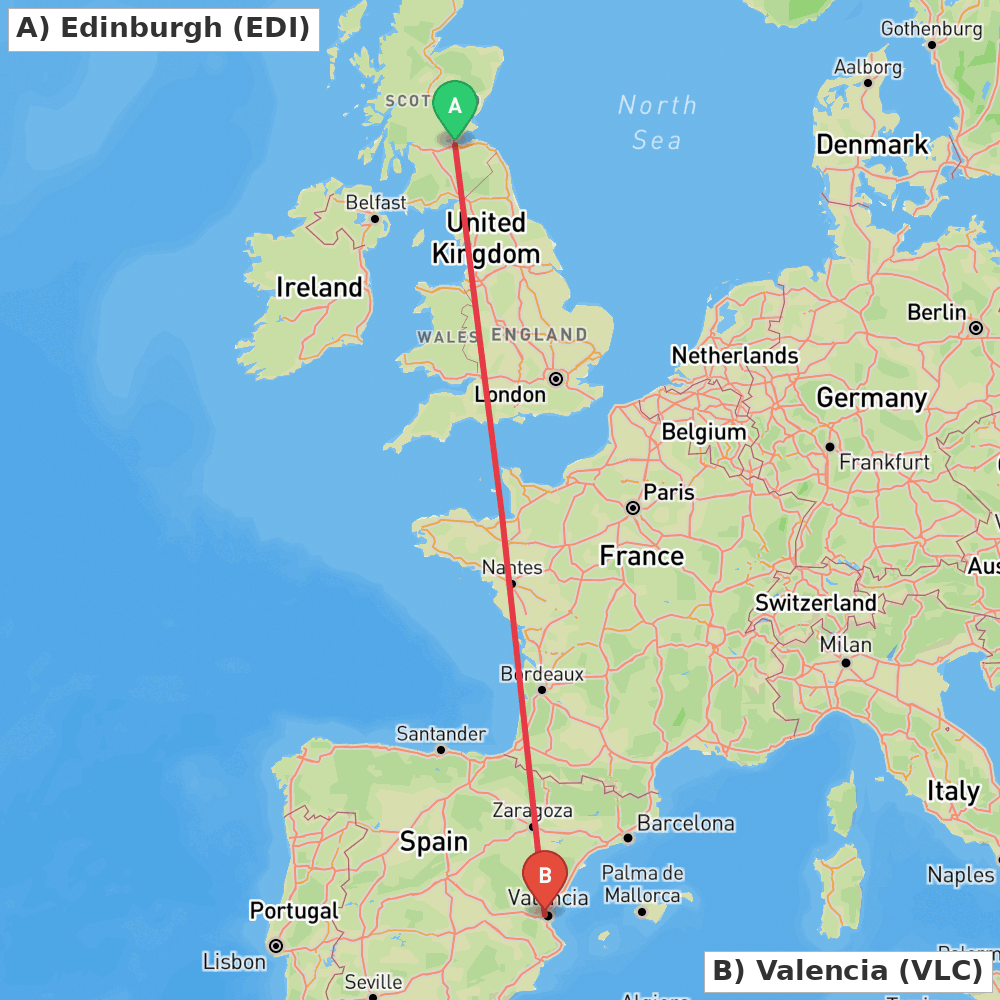 Flight route map from Edinburgh to Valencia
