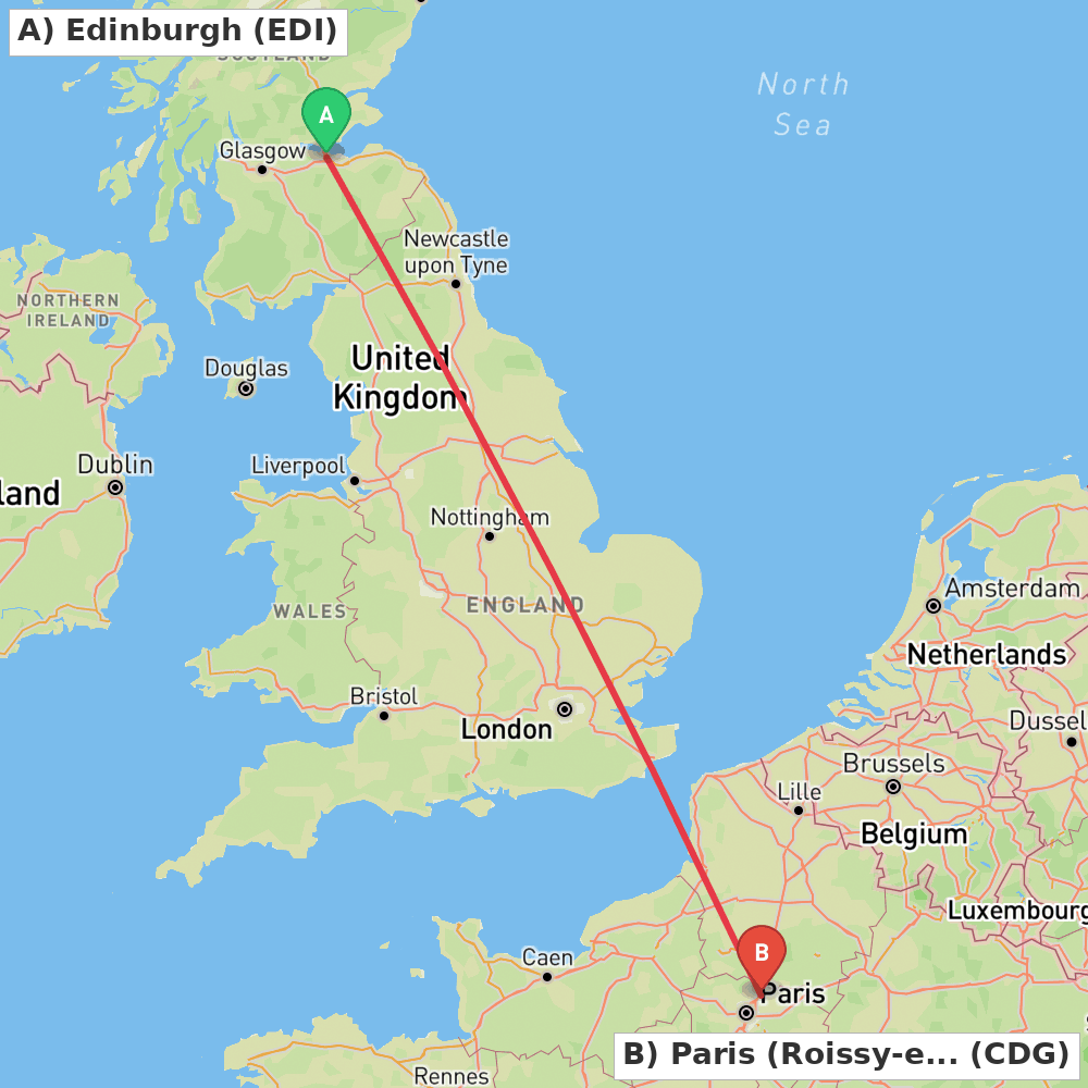 Flight route map from Edinburgh to Paris (Roissy-en-France, Val-d'Oise)