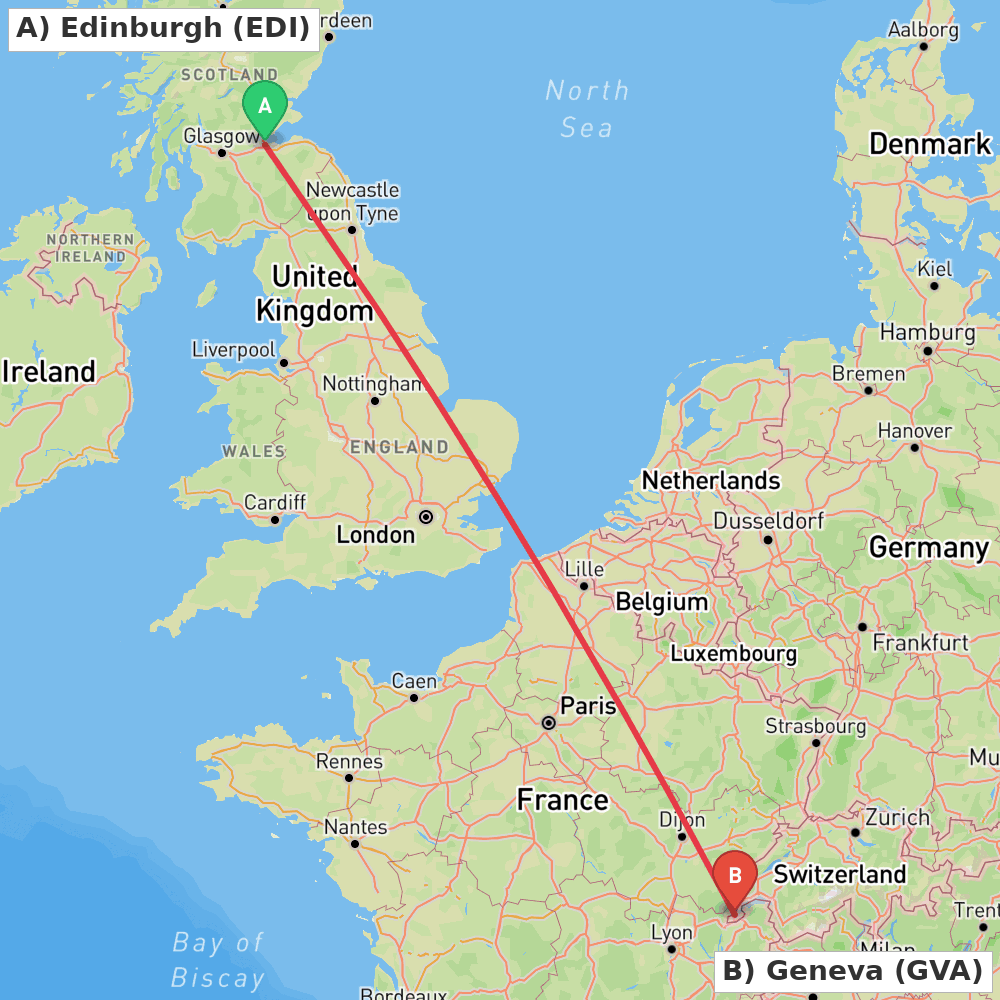 Flight route map from Edinburgh to Geneva