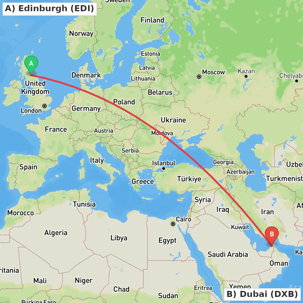 Flight route map from Edinburgh to Dubai