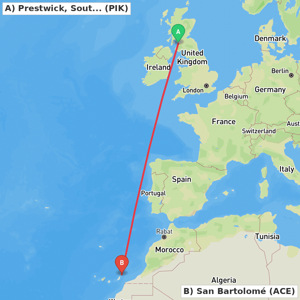 Flight route map from Prestwick, South Ayrshire to San Bartolomé