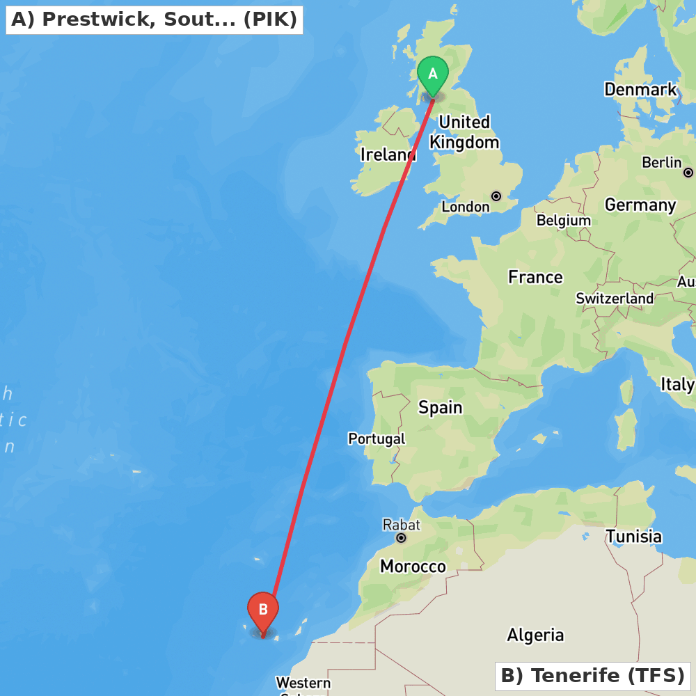 Flight route map from Prestwick, South Ayrshire to Tenerife