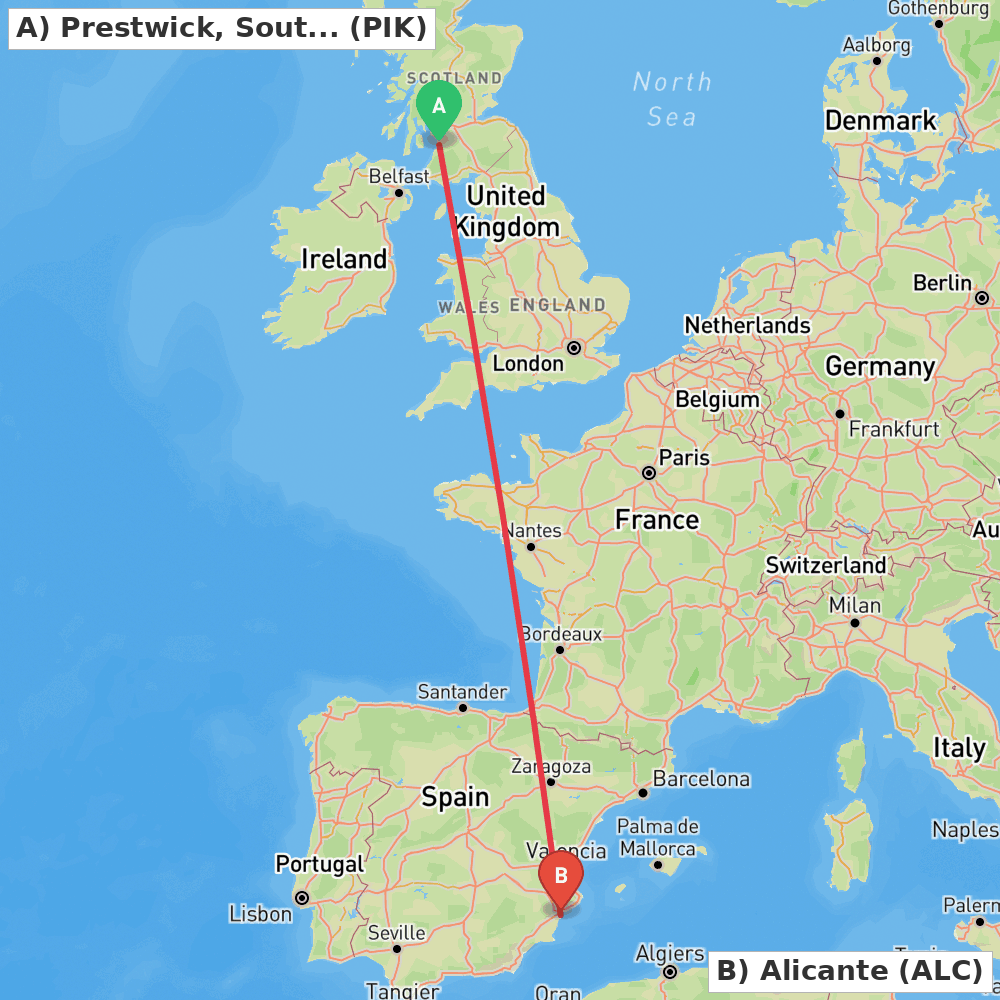 Flight route map from Prestwick, South Ayrshire to Alicante