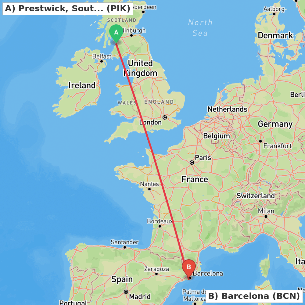 Flight route map from Prestwick, South Ayrshire to Barcelona