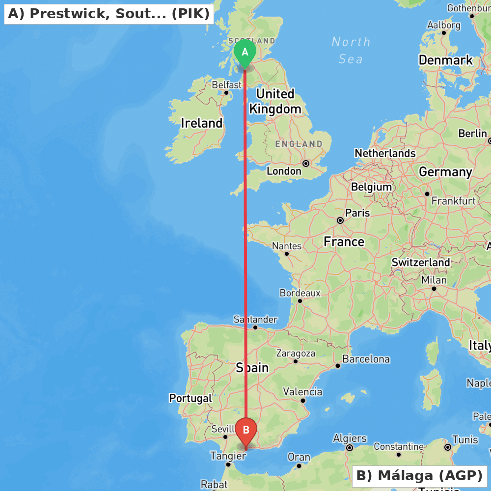 Flight route map from Prestwick, South Ayrshire to Málaga