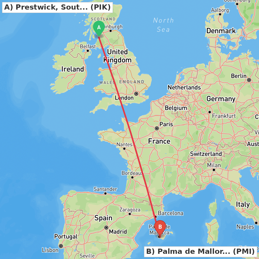 Flight route map from Prestwick, South Ayrshire to Palma de Mallorca