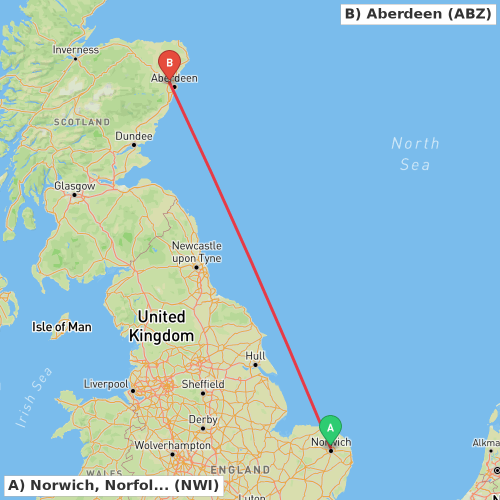 Flight route map from Norwich, Norfolk to Aberdeen