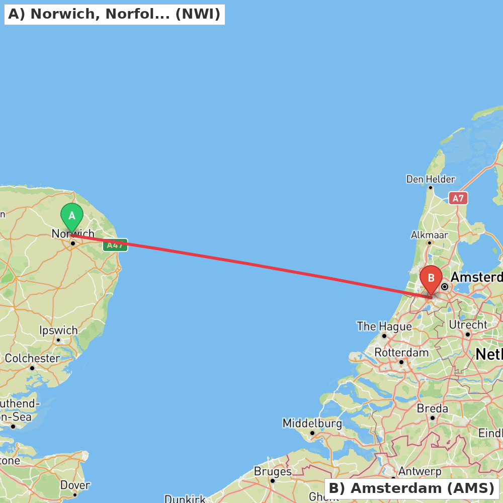 Flight route map from Norwich, Norfolk to Amsterdam