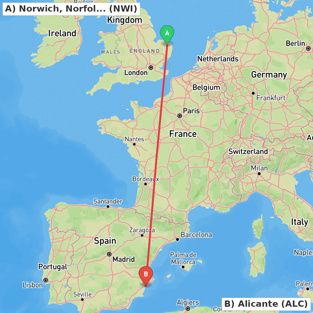 Flight route map from Norwich, Norfolk to Alicante