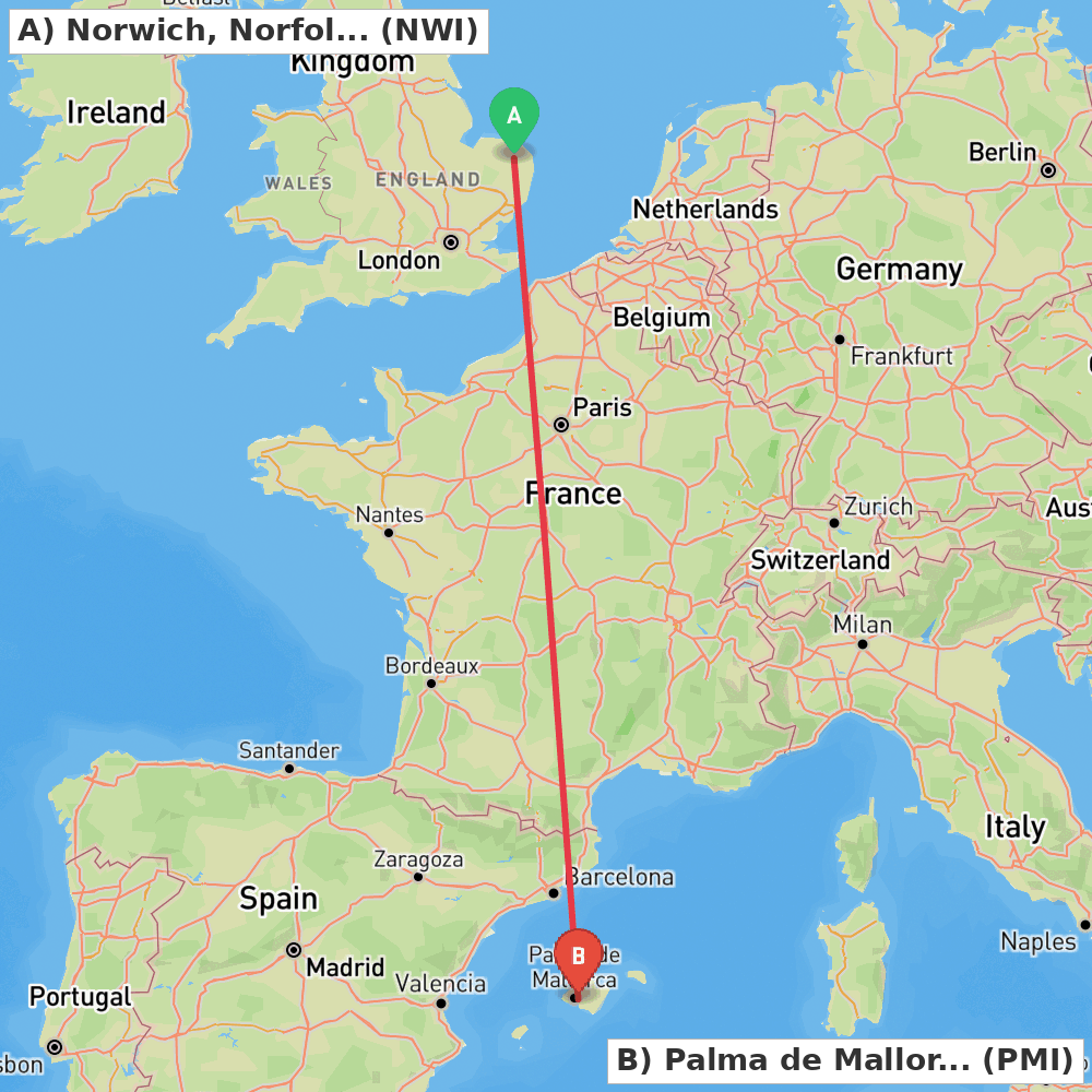 Flight route map from Norwich, Norfolk to Palma de Mallorca