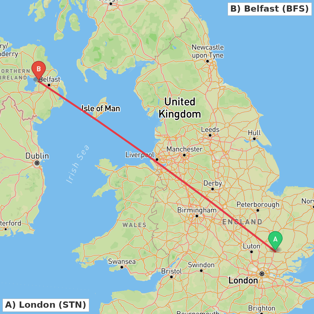 Flight route map from London to Belfast